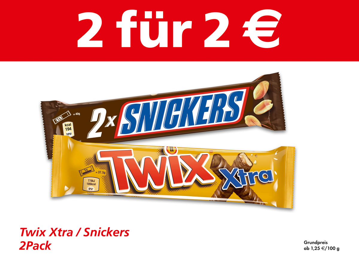 2x Snickers und/oder Twix für 2 € 2x Snickers und/oder Twix für 2 €